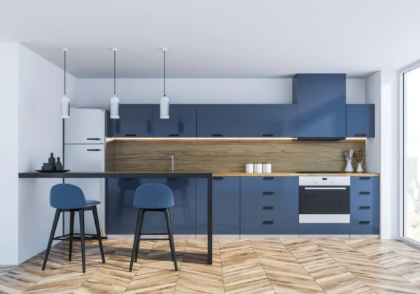 Blue Lacquer Modern Parallel Kitchen Cabinets – Custom High-Gloss Cabinetry - Image 2