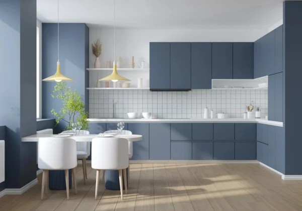 Blue Lacquer Modern Parallel Kitchen Cabinets – Custom High-Gloss Cabinetry
