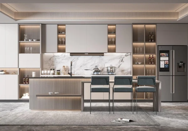White Melamine Modern One-Wall Showcase Cabinets – Custom Kitchen with Glass Display & Island - Image 4