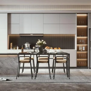 White Melamine Modern One-Wall Showcase Cabinets – Custom Kitchen with Glass Display & Island