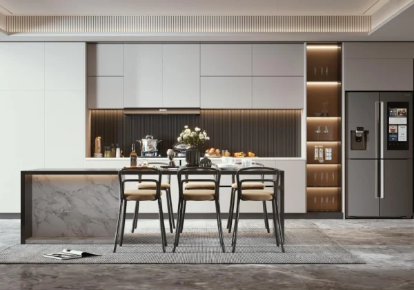 White Melamine Modern One-Wall Showcase Cabinets – Custom Kitchen with Glass Display & Island