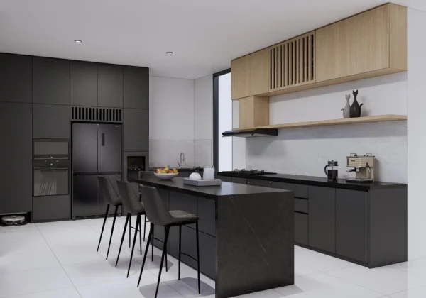 Modern One-Wall Black MDF Kitchen Cabinets – Custom Melamine Finish Cabinetry