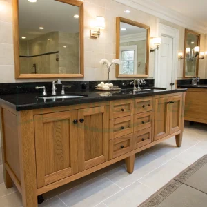 Double sink bathroom vanity with black countertop and natural wood cabinetry in a spacious tiled bathroom