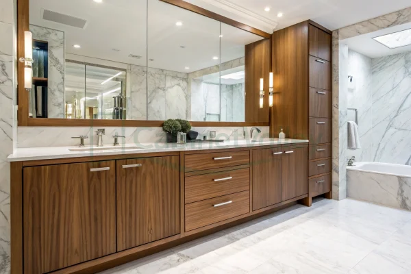 Modern wood veneer bathroom cabinets with double sinks set in a marble backdrop