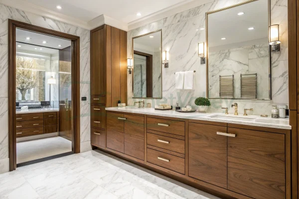 Wall-mounted bathroom vanity with wood finish and elegant marble surroundings
