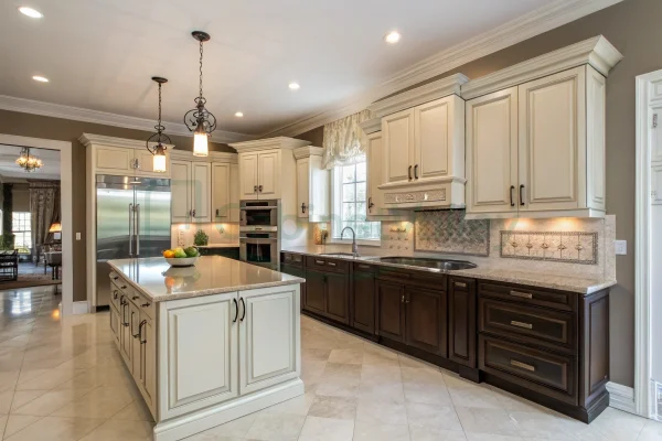 Elegant two-tone American kitchen with cream upper and brown base cabinets.