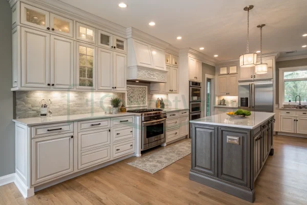 Classic lacquered American kitchen cabinets with decorative molding and island.