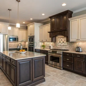 American style island kitchen with pendant lighting and raised panel doors.