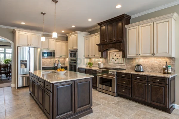 American style island kitchen with pendant lighting and raised panel doors.