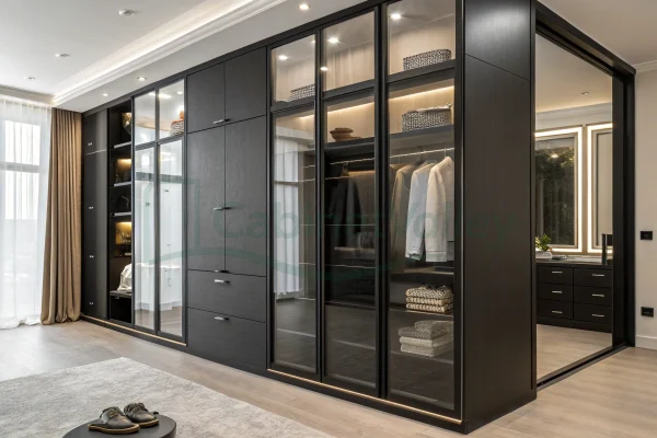 Modern L-shaped black hinged wardrobe with full-height glass doors and recessed lighting, combining closed cabinets and transparent storage zones in a bright, elegant suite.