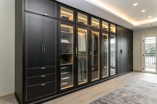 Expansive wall-mounted wardrobe system in matte black with framed glass doors, featuring symmetrical upper compartments, LED-lit shelves, and mixed-use organization modules.