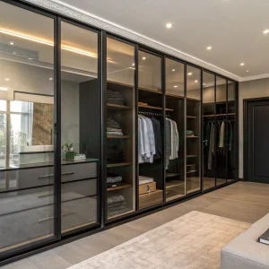 Luxury black wardrobe with soft-glow lighting and framed tinted glass doors, arranged along a textured wall in a spacious bedroom with a seating area and dual-access storage.