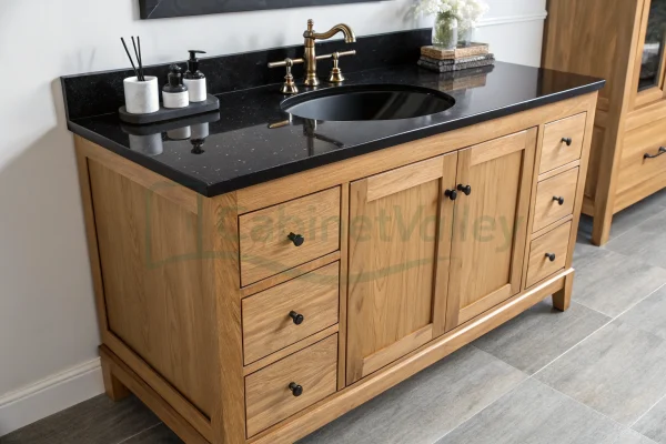 Close-up of a compact black and wood vanity with brass faucet and soft-close drawers