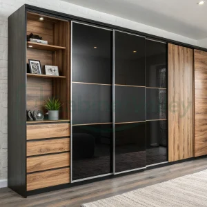 Contemporary two-tone wardrobe with matte black and woodgrain sliding doors, open shelving, and integrated drawers set against a brick accent wall.
