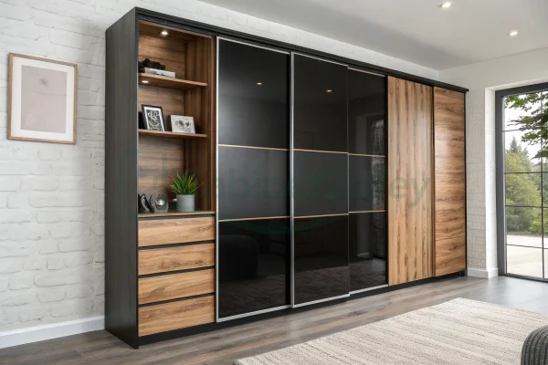 Contemporary two-tone wardrobe with matte black and woodgrain sliding doors, open shelving, and integrated drawers set against a brick accent wall.