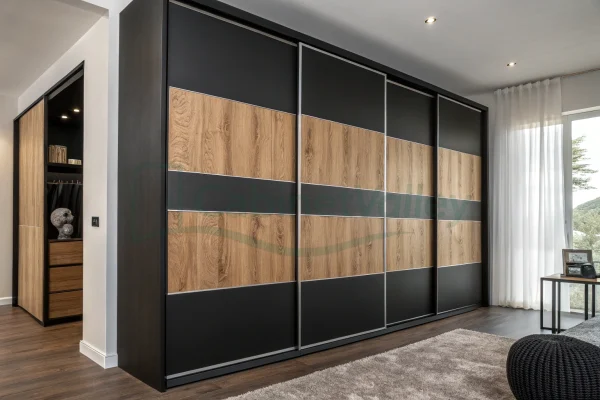 Wall-length wardrobe in alternating black and wood panels with silver trim, blending sleek horizontal lines with ample storage capacity.