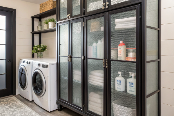 Laundry room with industrial-style cabinets featuring wire glass and open shelving