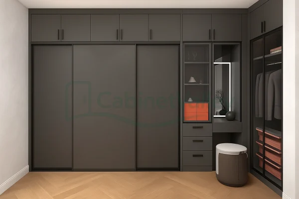 Black sliding door wardrobe with glass-panel accents and drawers, featuring a corner makeup area, full-height storage, and minimalist matte finishes.