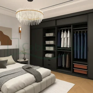 Open-plan wardrobe in a bedroom setting with exposed black shelving, sliding doors, and color-accent drawers, blending utility and modern design.