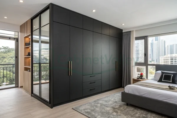 Matte black L-shaped wardrobe with tall cabinets and brass handles in a city-view bedroom