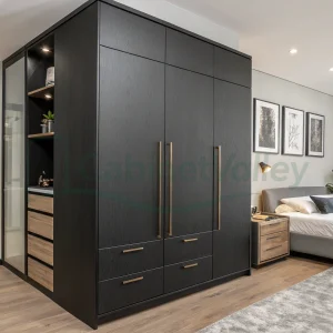 Contemporary bedroom featuring matte black L-shaped wardrobe with overhead cabinets and wood accents