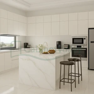 Contemporary white kitchen design featuring a high-gloss finish and seamless marble island centerpiece.