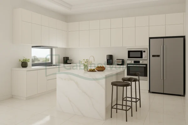 Contemporary white kitchen design featuring a high-gloss finish and seamless marble island centerpiece.
