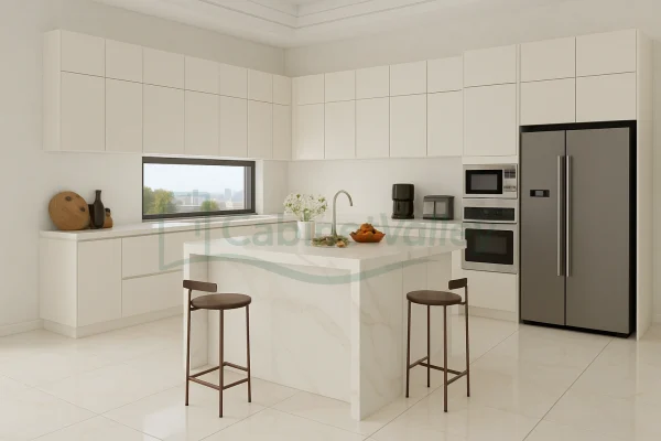 Bright kitchen layout with high-gloss white cabinetry, large marble island, and expansive wall cabinets.
