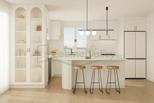 Matte white modern L-shaped kitchen with fluted island and arched glass display cabinets.