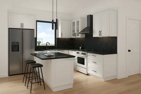 White shaker kitchen with black marble countertops and peninsula seating in a classic L-shaped layout.