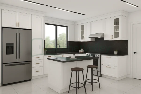 Black and white kitchen design featuring matte white cabinets and full backsplash in marble-look finish.