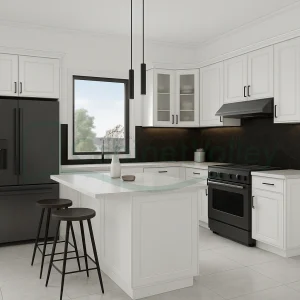 Compact L-shaped kitchen with traditional crown molding, modern lighting, and high-contrast surfaces.