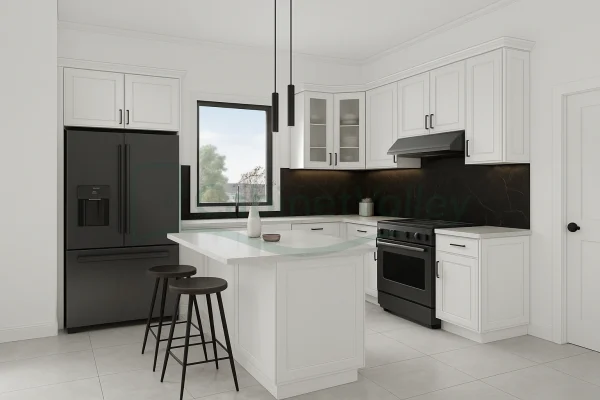 Compact L-shaped kitchen with traditional crown molding, modern lighting, and high-contrast surfaces.