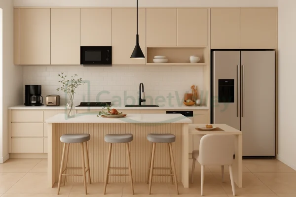 Contemporary beige kitchen featuring handle-free cabinets, light countertops, and a cozy island dining setup.