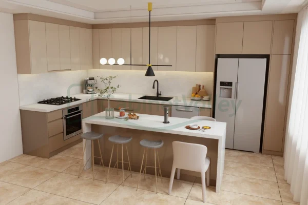 Contemporary Matte Beige L-Shaped Kitchen Cabinets with Waterfall Island and Integrated Dining Space - Image 3