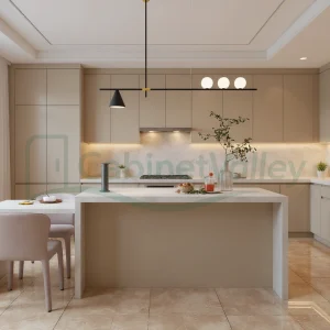 Spacious open-plan kitchen with full-length beige cabinets, stone island, and under-cabinet lighting.