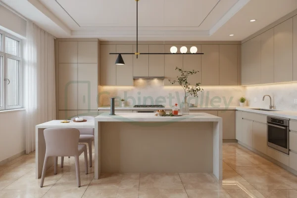 Spacious open-plan kitchen with full-length beige cabinets, stone island, and under-cabinet lighting.