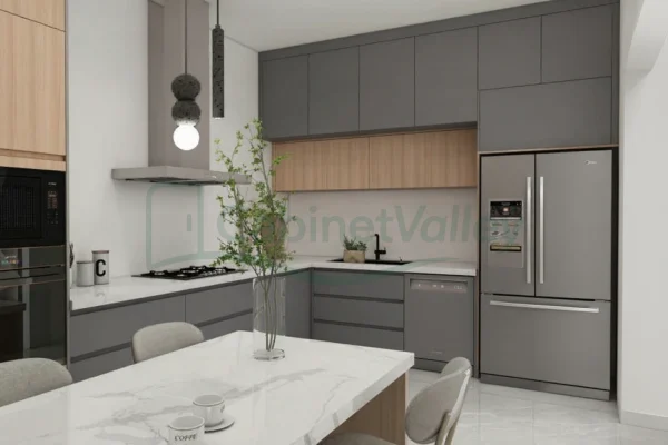 Contemporary grey kitchen featuring wood accent upper cabinets, built-in appliances, and stone flooring.
