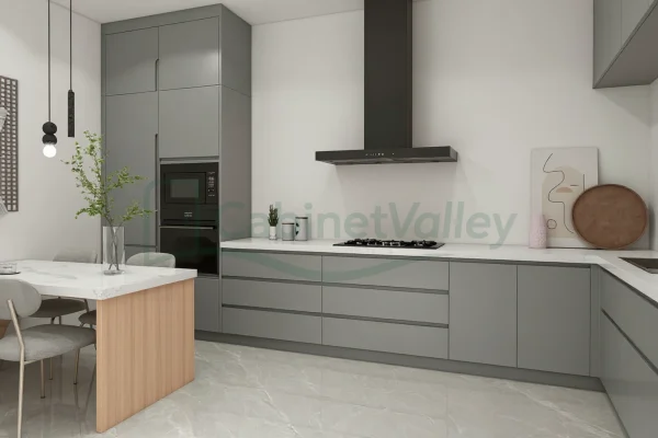Sleek handle-free grey kitchen cabinetry with integrated cooktop and vertical pantry storage.