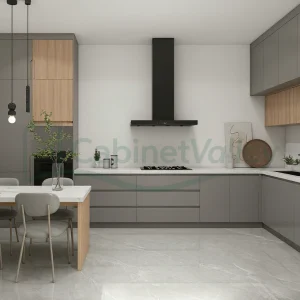 Two-tone grey and wood kitchen design with full-height cabinets and integrated dining layout.