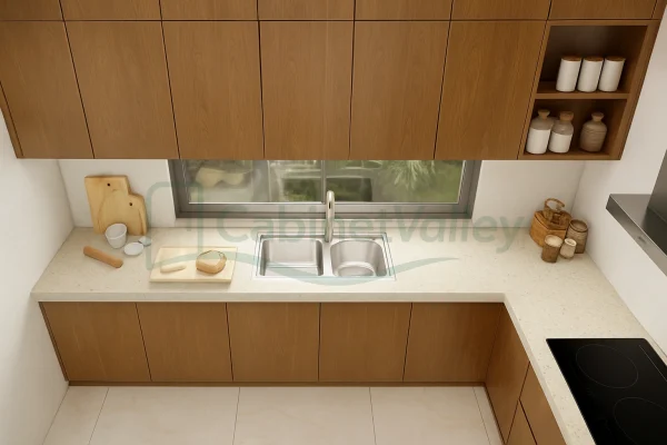 U-shaped modern kitchen with wood grain melamine cabinets and large under-mounted sink.