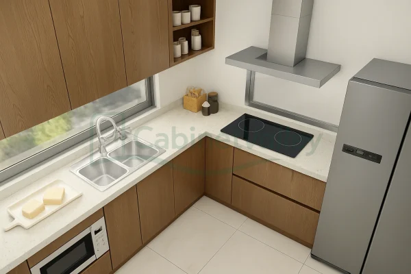 Contemporary wooden kitchen layout with double sink, light countertops, and upper open shelves.