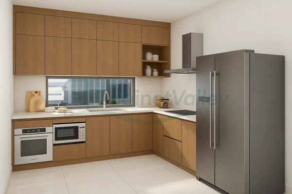 Modern U-shaped kitchen featuring melamine wood cabinets, integrated oven, and minimalist decor.