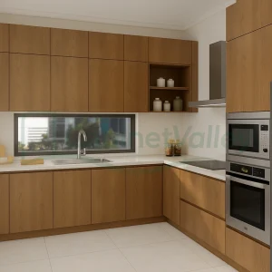 Sleek kitchen with tall wood grain cabinets, built-in appliances, and matte finish surfaces.