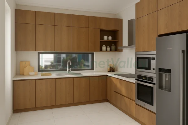 Sleek kitchen with tall wood grain cabinets, built-in appliances, and matte finish surfaces.