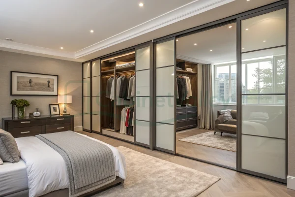 Spacious bedroom featuring a wall-to-wall sliding wardrobe with frosted glass panels and dark frame detailing, revealing organized open compartments and a modern walk-in layout.