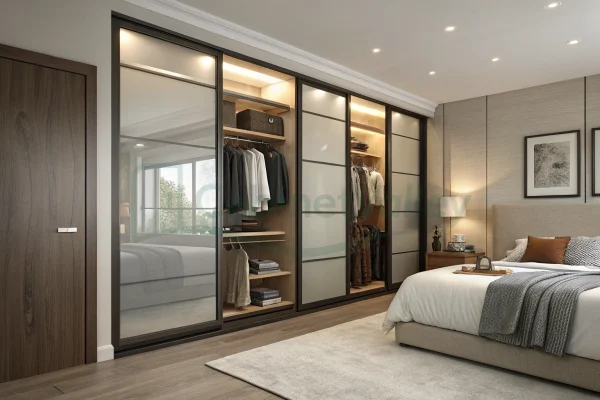 Contemporary wardrobe with full-height sliding doors in mixed glass and wood panels, integrating open shelves and hangers within a sleek, neutral-toned bedroom.