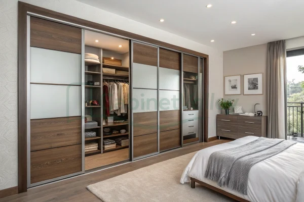 Custom wardrobe with alternating woodgrain and frosted glass sliding panels, built into a bright bedroom with natural light, minimal decor, and seamless storage zones.