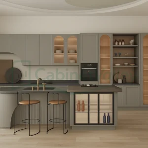 Modern curved kitchen with matte gray cabinets, curved island, and integrated glass display shelving.