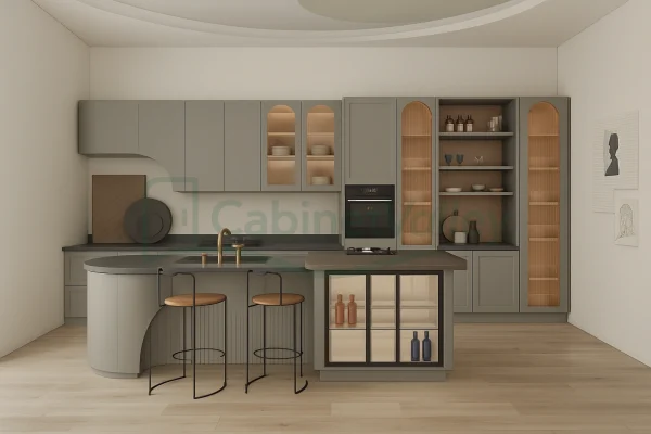 Modern curved kitchen with matte gray cabinets, curved island, and integrated glass display shelving.